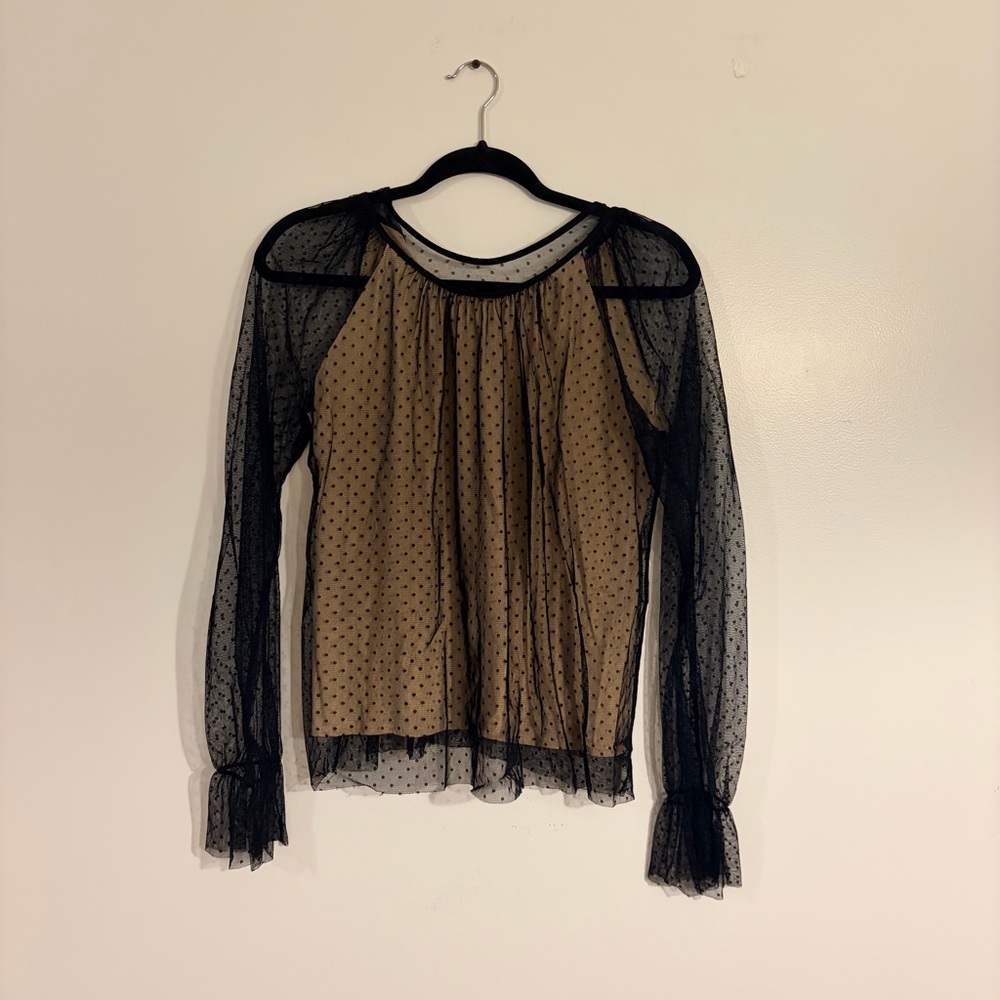Zara Black and Tan Sheer Polka Dot Top